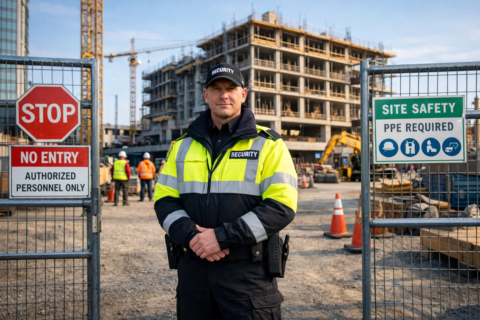 KGFM security officer in high-visibility gear managing construction site access control.