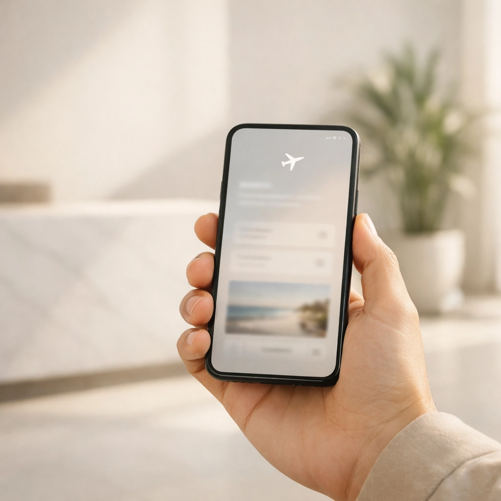 Traveler using a smartphone for AI-powered hotel booking in a sun-drenched modern lobby.