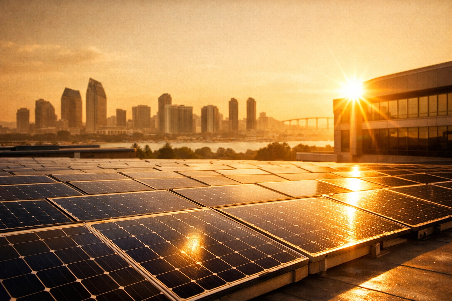 Commercial solar installation San Diego office park rooftop arrays with the city skyline at sunset.
