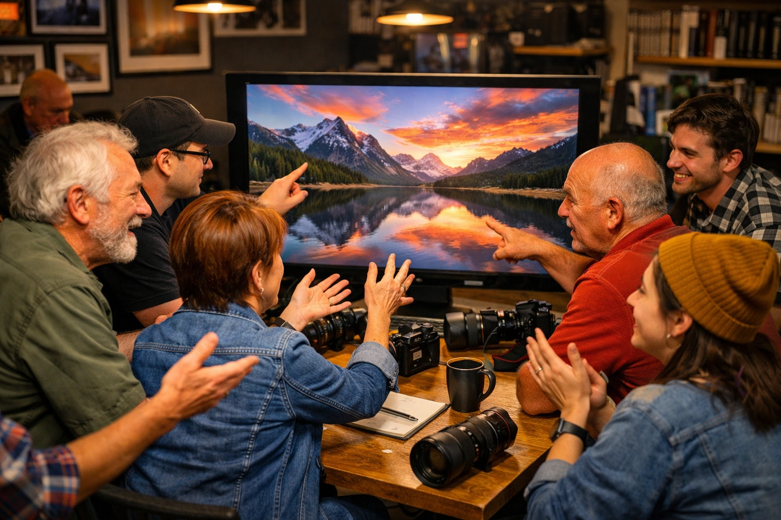 Photography club members gathered around monitor discussing composition and providing feedback