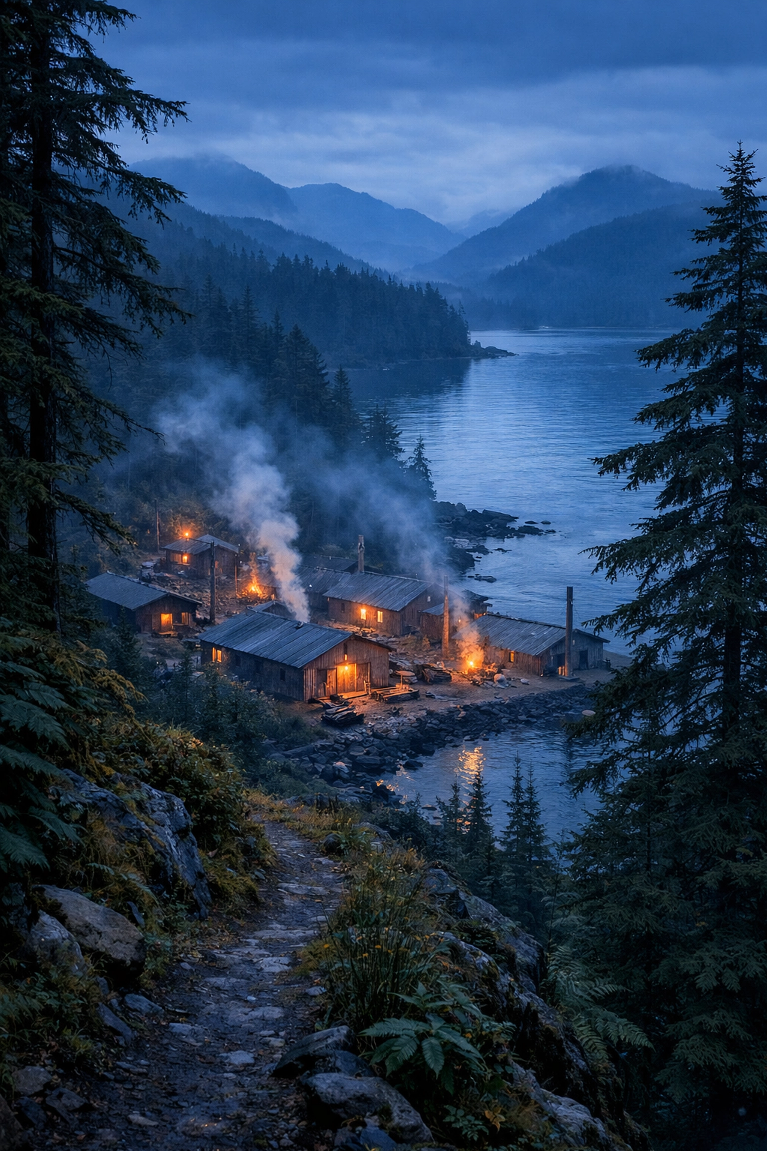 Remote Indigenous village with longhouses nestled in Pacific Northwest rainforest at twilight