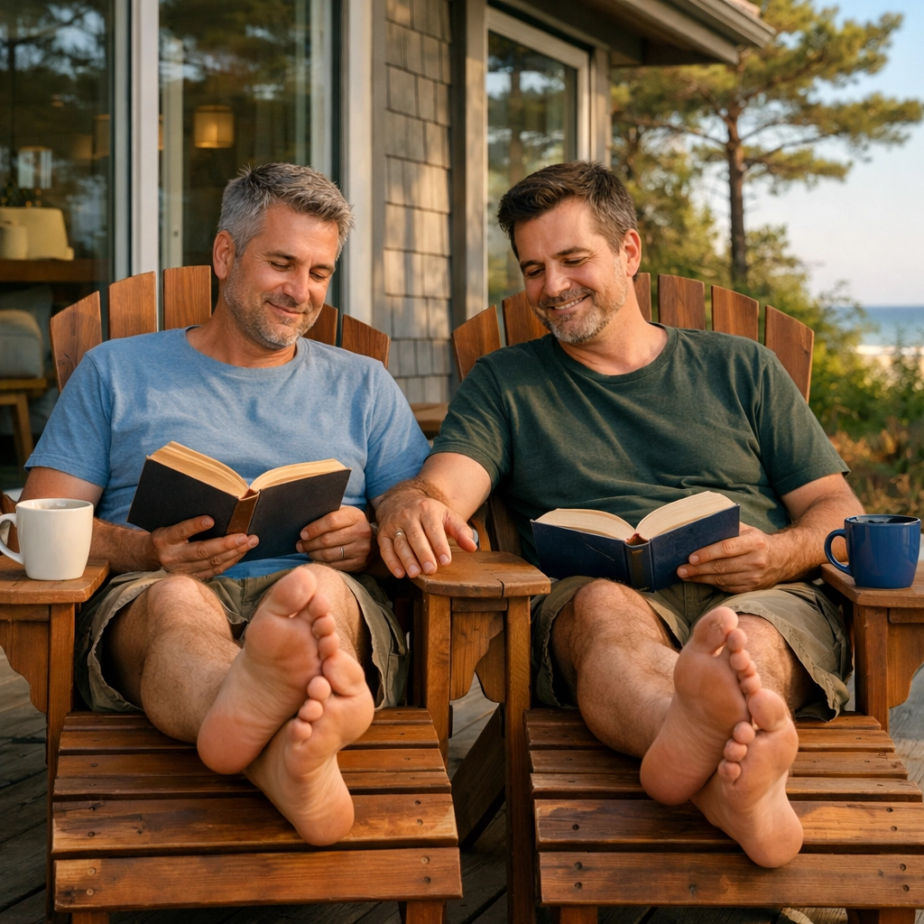 Gay couple reading together in Adirondack chairs at Fire Island beach house deck