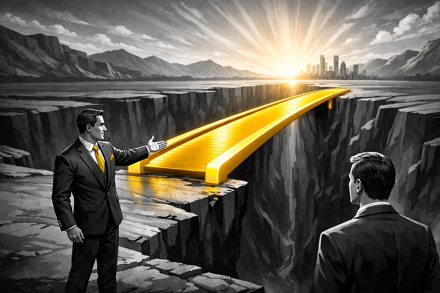 Professional guide leading a seller across a bridge to successful Amazon inventory management and 3PL logistics.