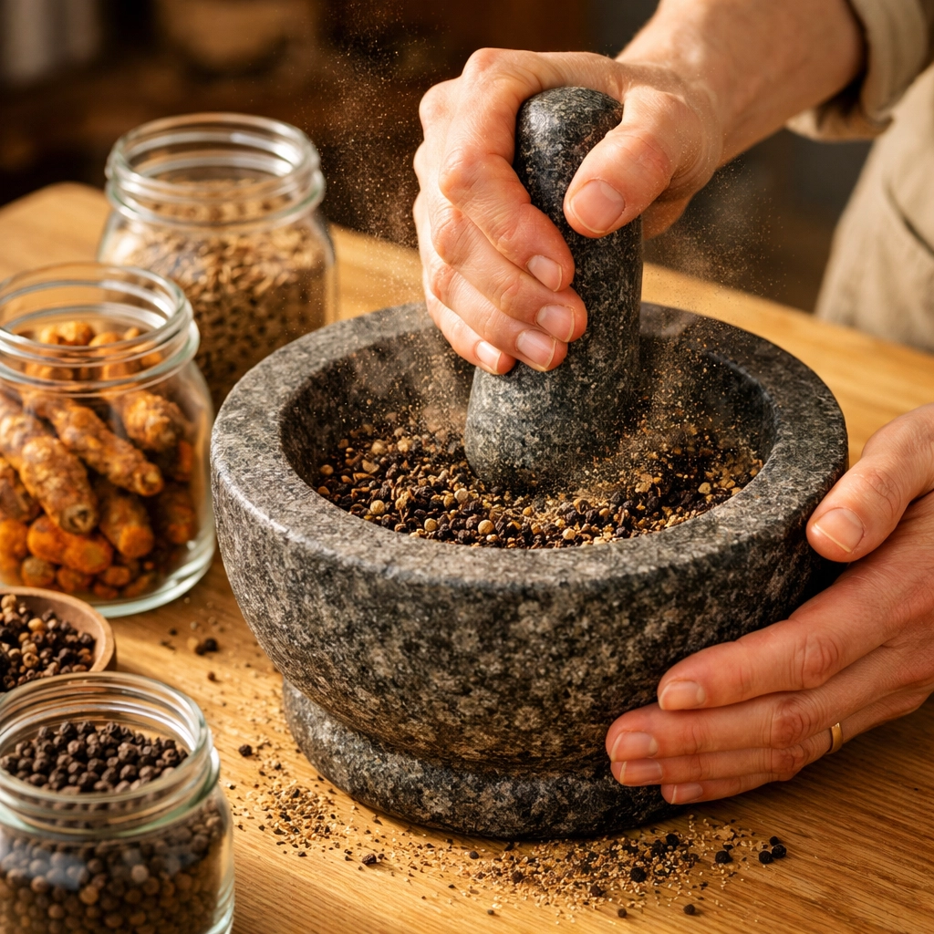 Hand grinding whole Indian spices with a traditional stone mortar and pestle in a bright kitchen.