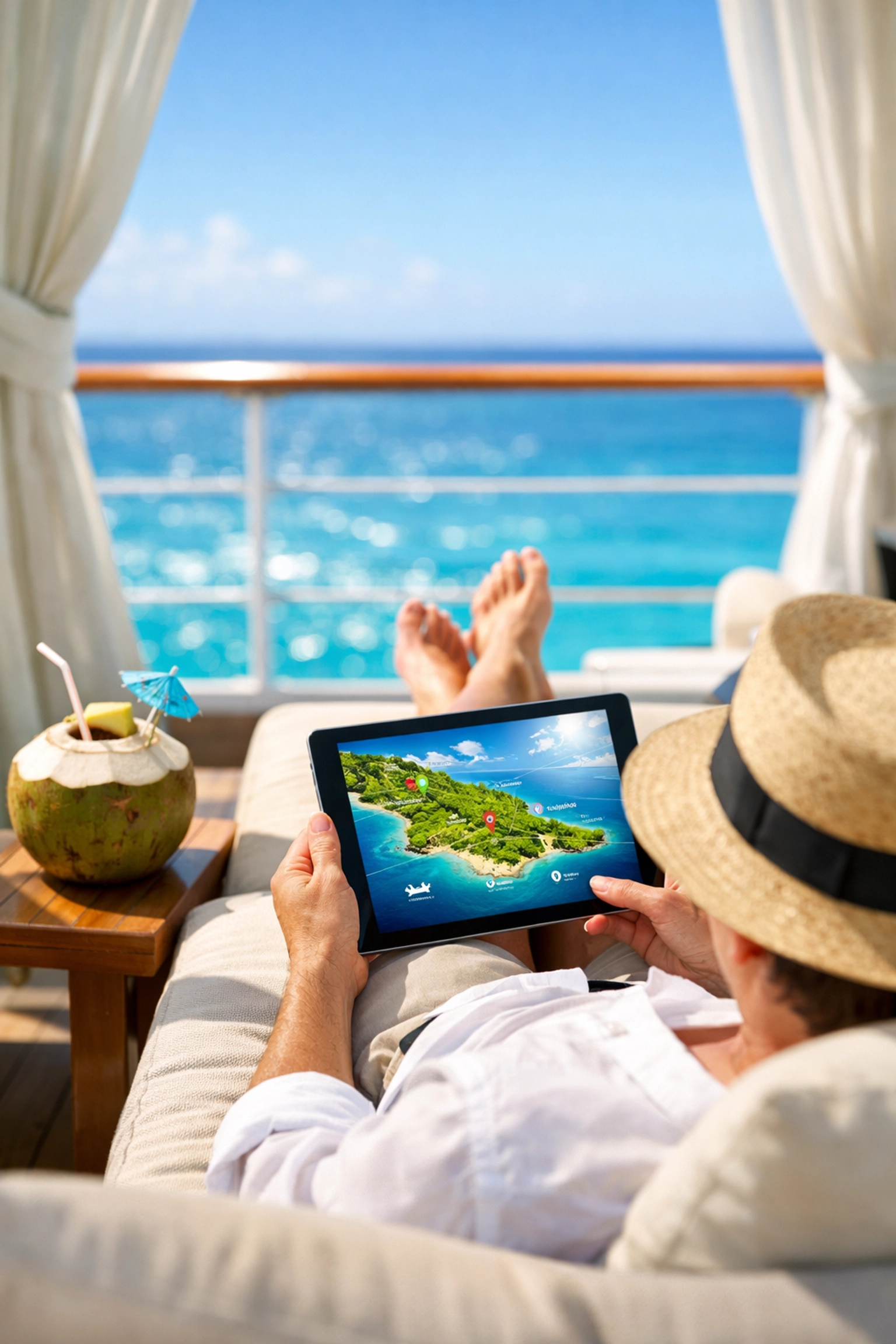 Traveler relaxing in a cruise cabana while enjoying stress-free custom group cruise planning.