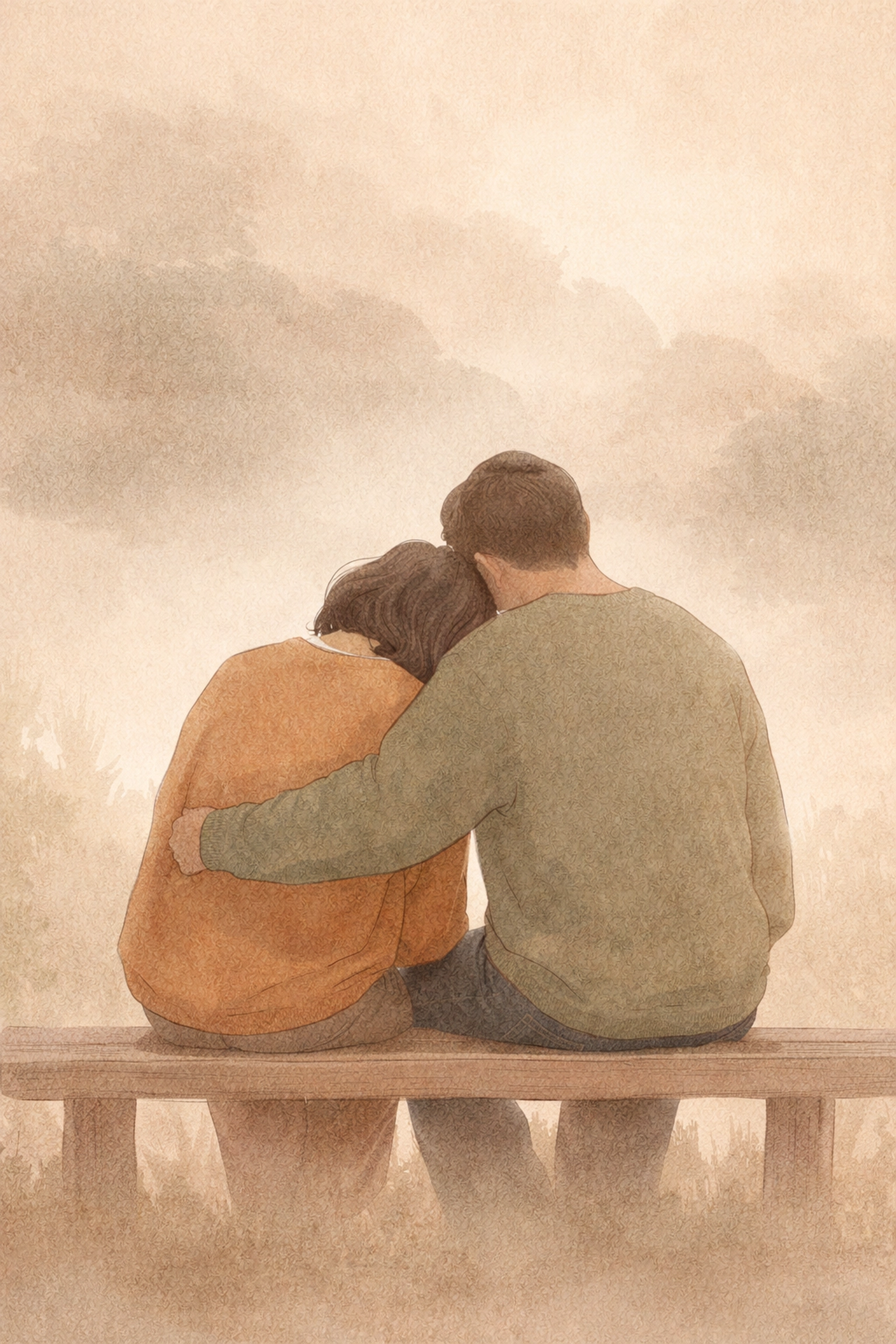 Two faceless figures share a quiet moment of collective grief on a bench, representing cumulative loss among caregivers in Maryland.