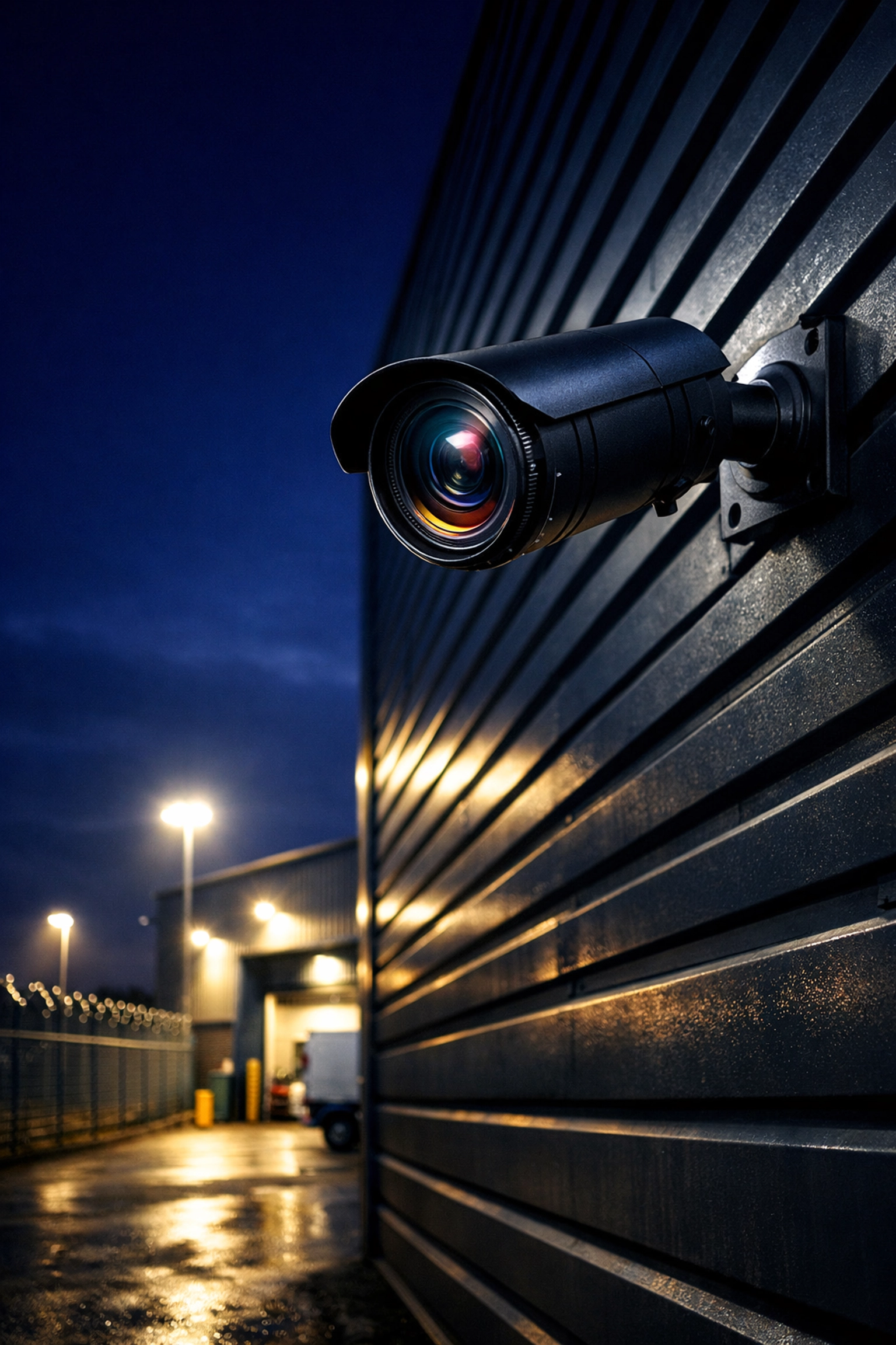 Robust industrial CCTV bullet camera monitoring a Bridgwater warehouse loading bay and perimeter at night.