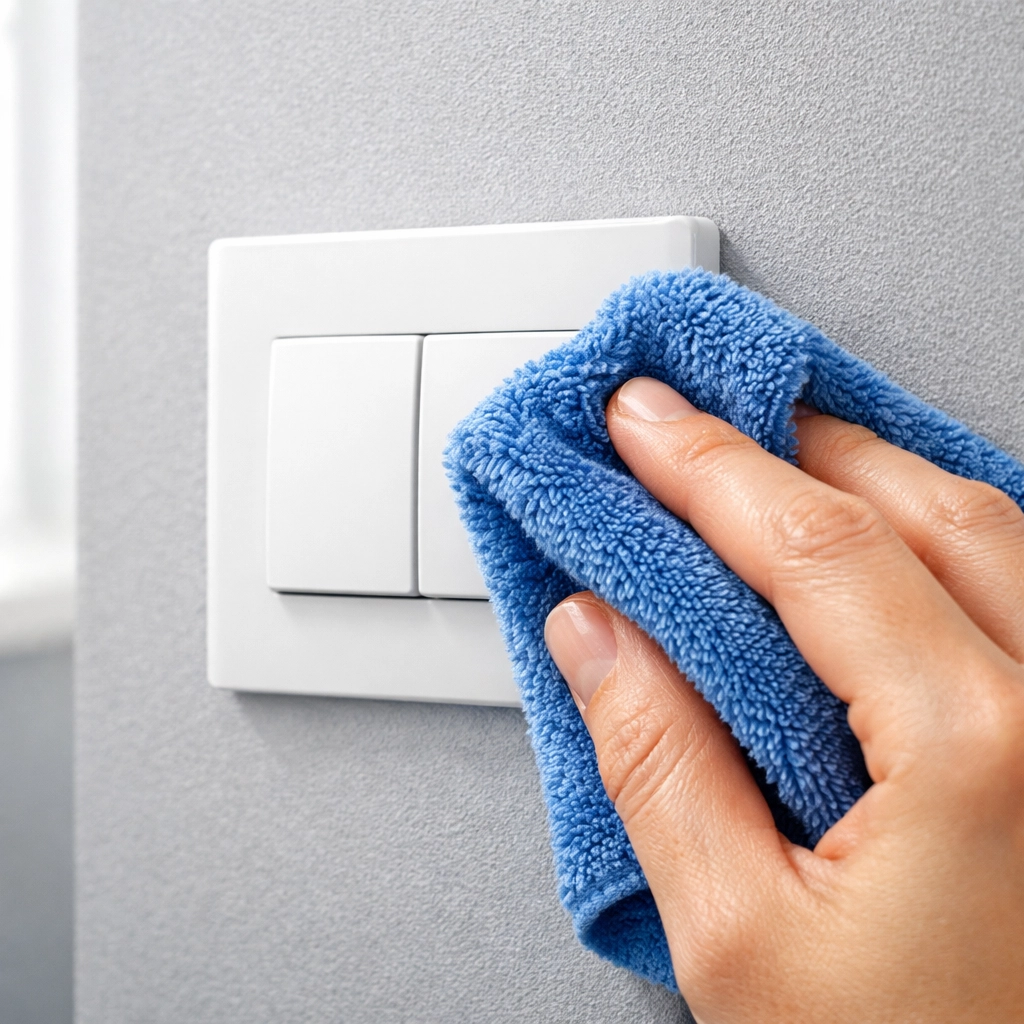 Detail-oriented move-out cleaning of a light switch in a modern Indianapolis apartment unit.
