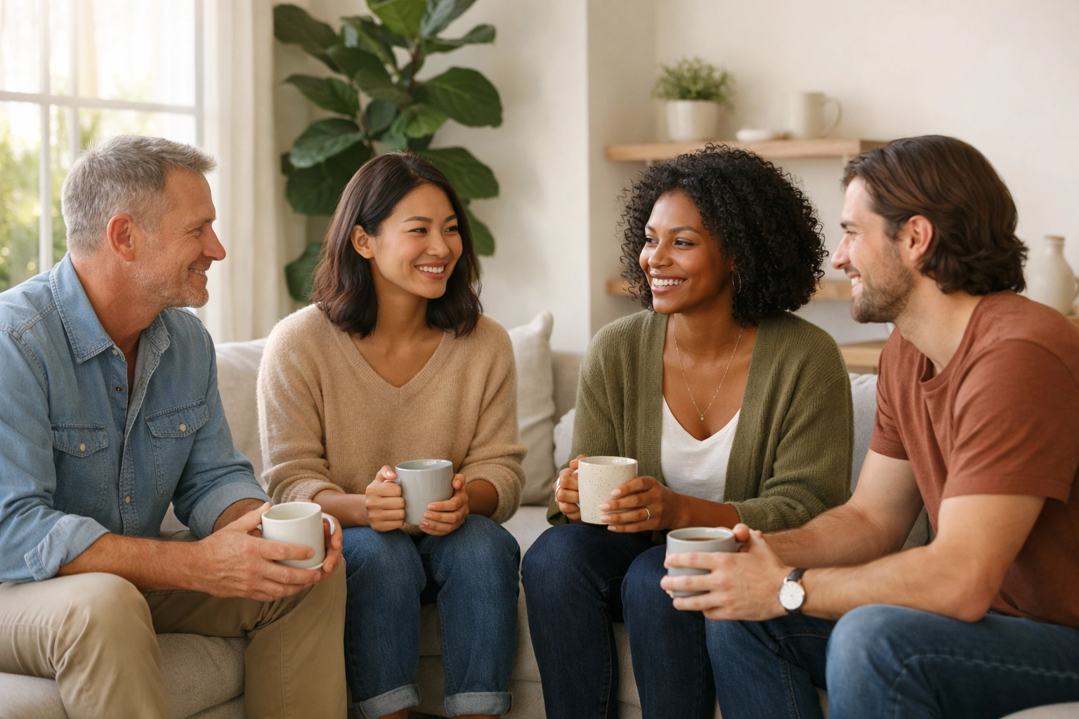 Inspire Recovery team members gathering in a sunlit living room for a community meeting.