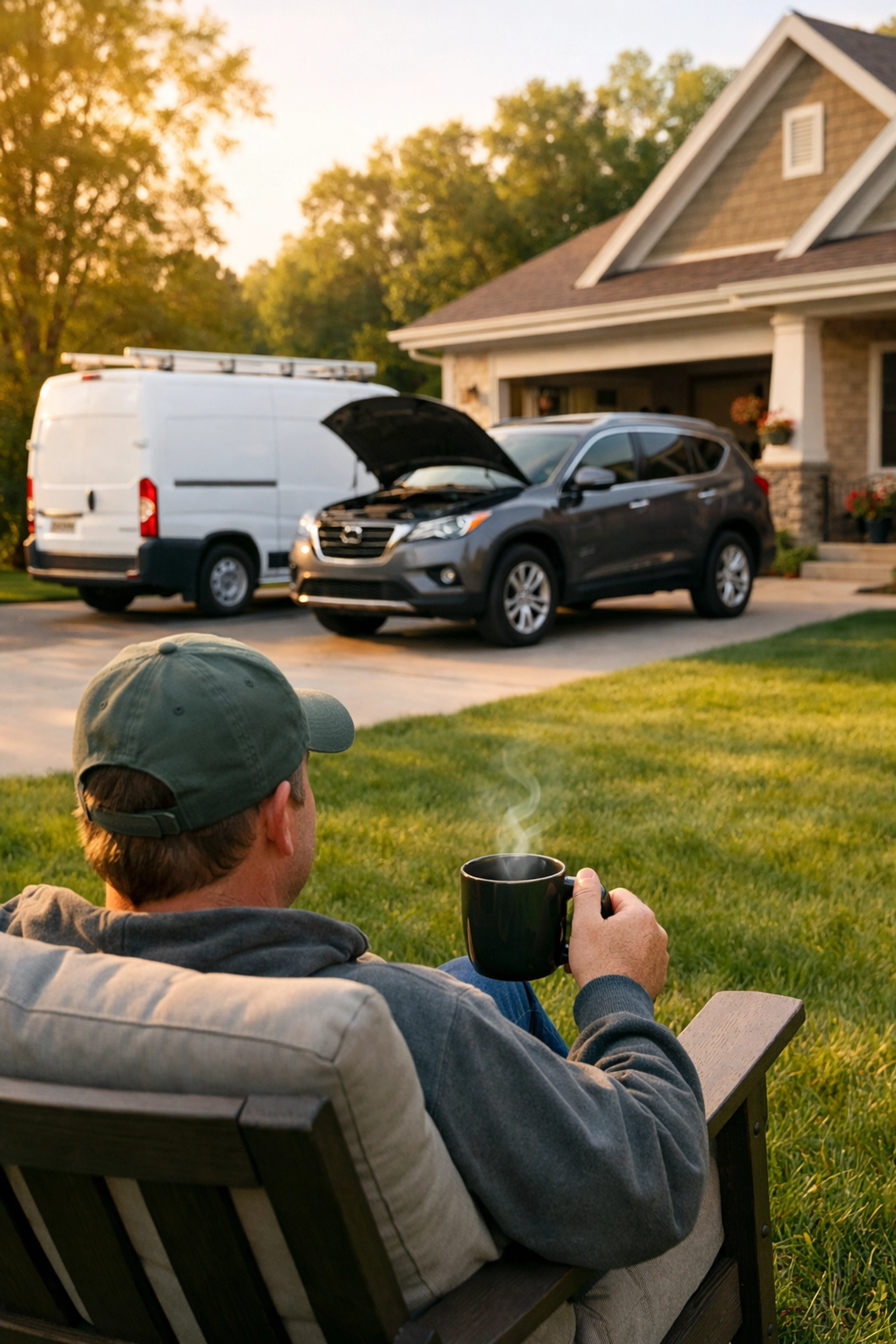 Green Bay resident relaxing while a mobile mechanic services their SUV in the driveway.