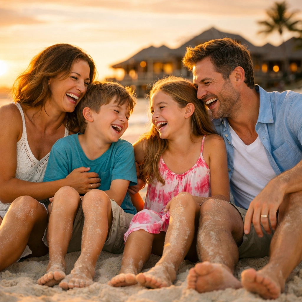 Family enjoying relaxing beach vacation at sunset with luxury resort in background