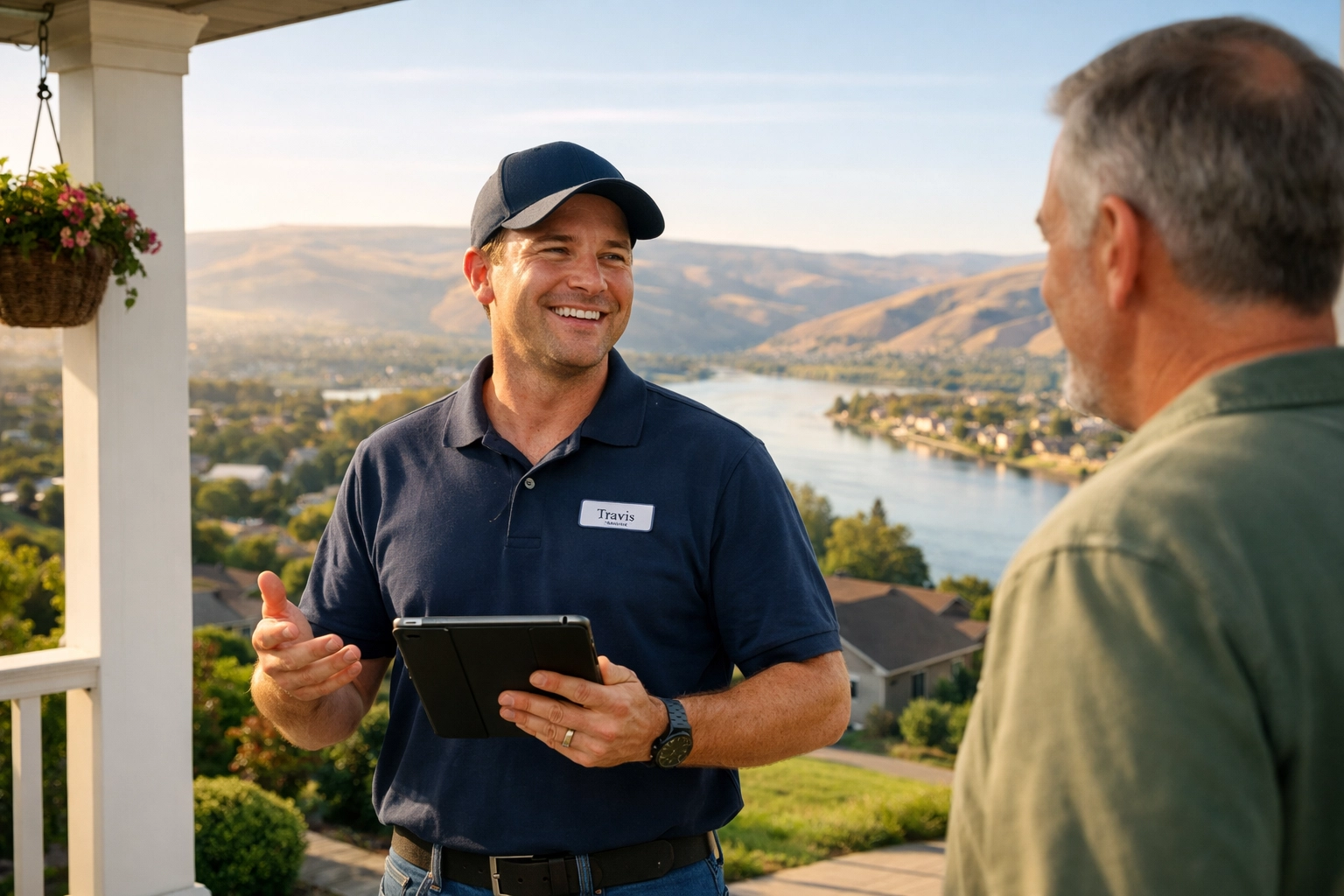 Local internet technician assisting a homeowner with high-speed service in the Lewiston-Clarkston Valley.