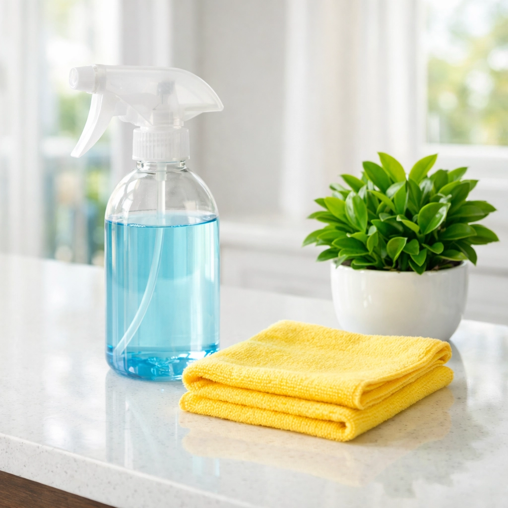 Eco-friendly cleaning supplies and microfiber cloth for sustainable green cleaning services.