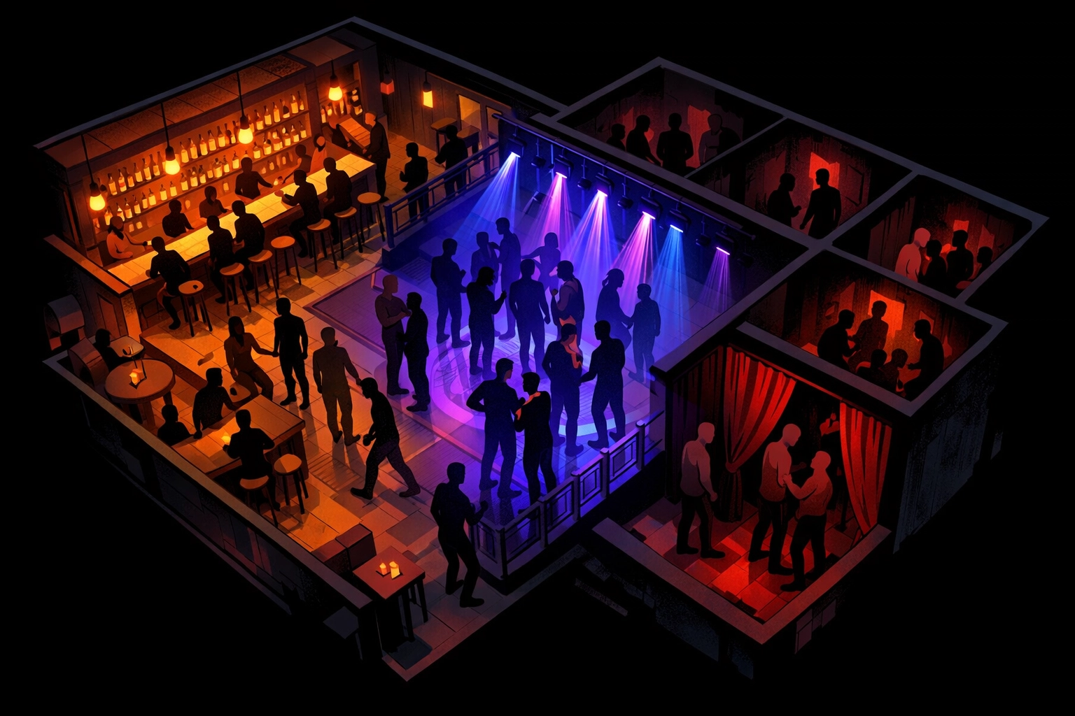 Overhead view of gay cruising bar layout showing dance floor, bar area, and backroom zones