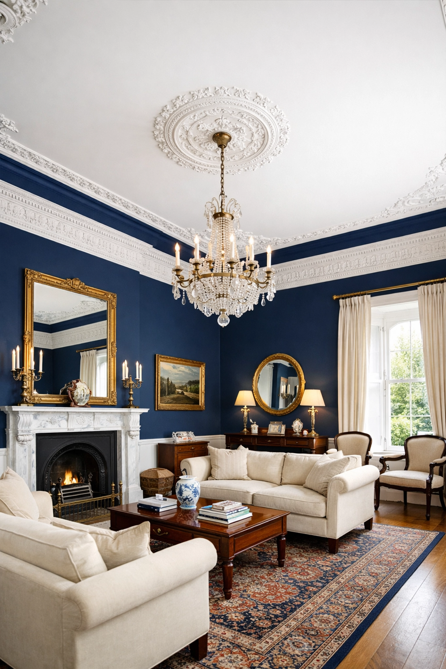 Regency townhouse in Cheltenham with deep navy blue colour capping framing an architectural white ceiling.
