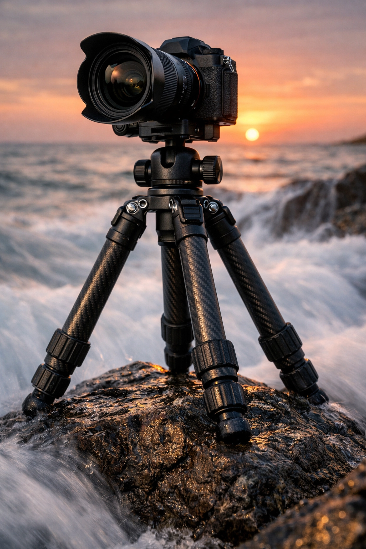 Sturdy tripod on coastal rocks during sunset to avoid common landscape photography mistakes.