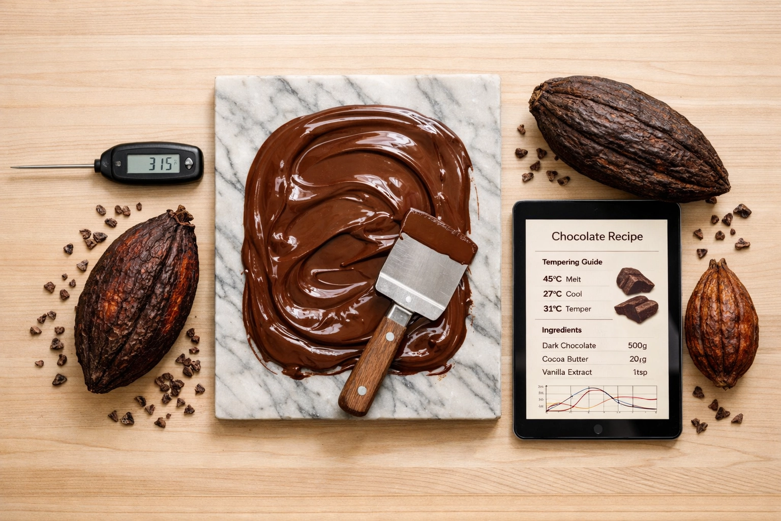 Chocolate making tools combining traditional marble slab with modern digital equipment
