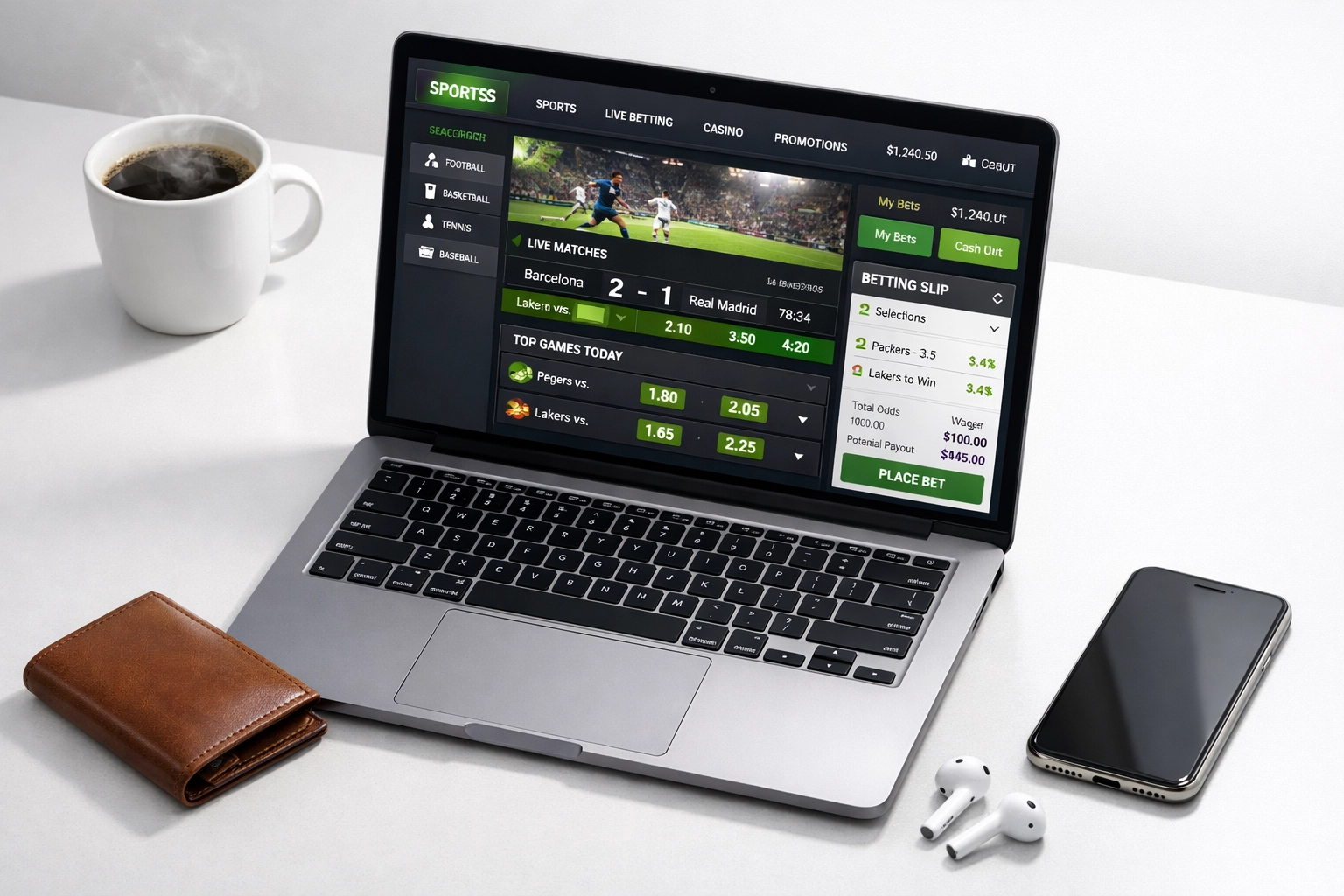 Moderne Sportwetten-Plattform auf Laptop mit übersichtlichem Dashboard und Benutzeroberfläche