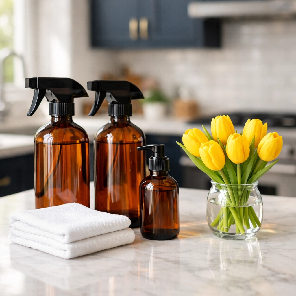 Eco-friendly cleaning supplies on a kitchen counter for safe weekly house cleaning Bolton MA.