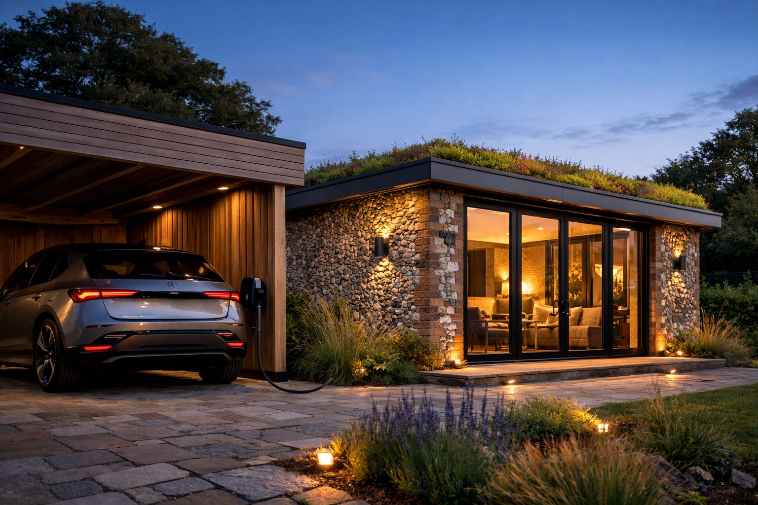 Heritage garden annex in Arundel with flint stonework and integrated EV carport.