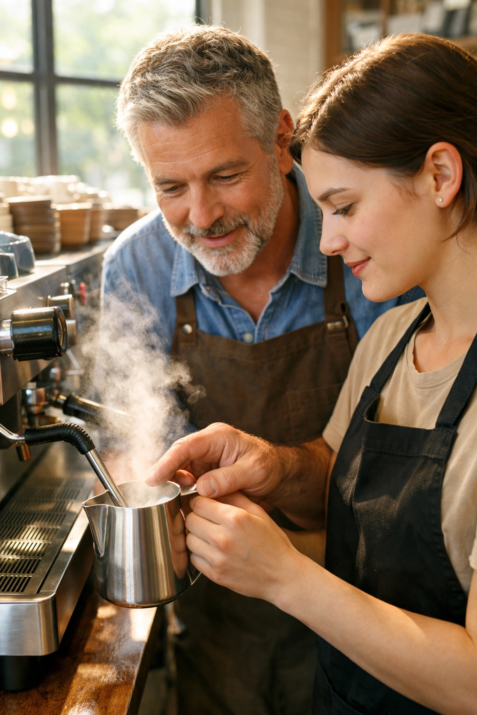 Professional barista training showing a mentor helping a student with milk texturing at an espresso bar.