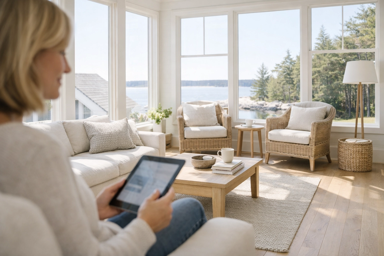 A relaxed Maine homeowner in a bright, modern living room enjoying home energy savings and lower bills.