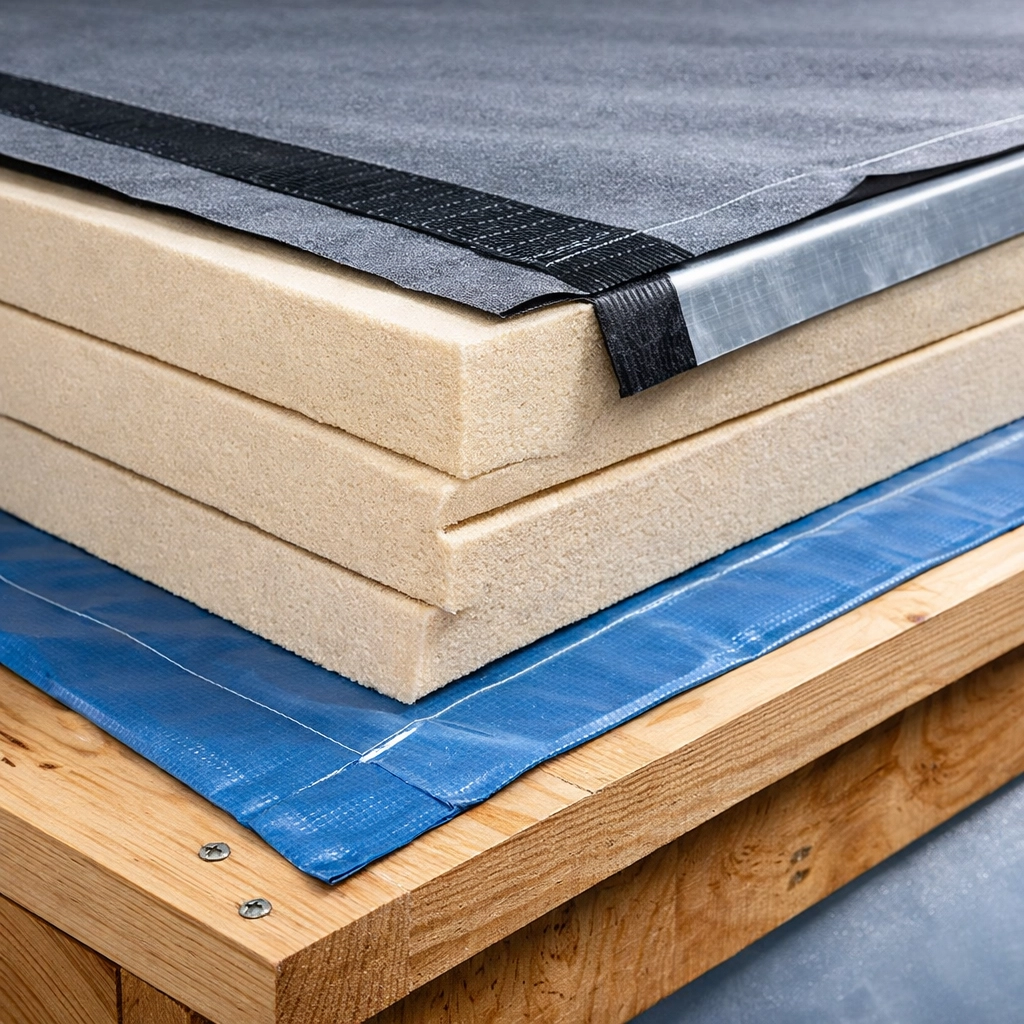 Warm roof construction with insulation layers installed above the roof deck