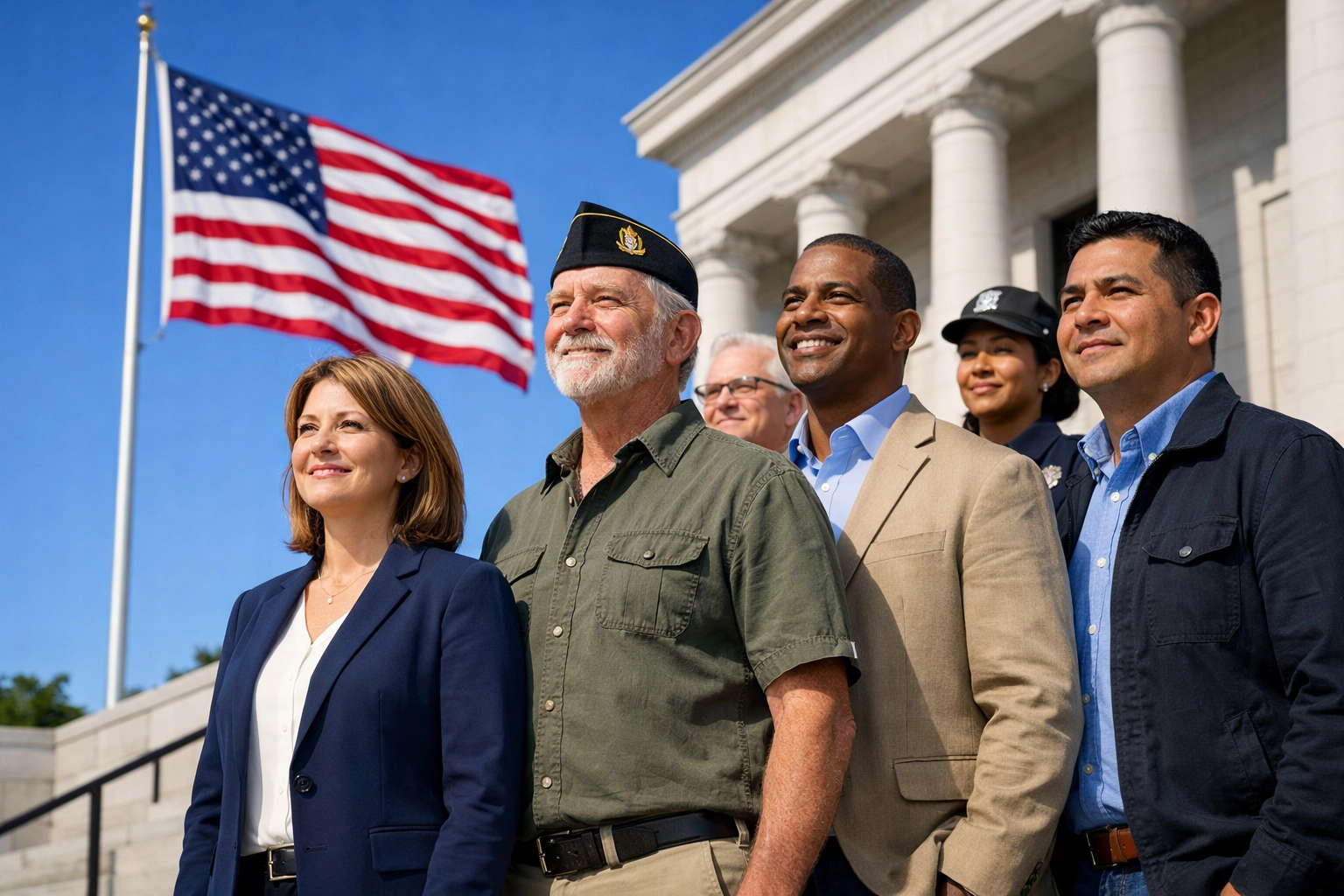 Diverse community leaders and a veteran stand together, embodying the principles of civic duty and American unity.