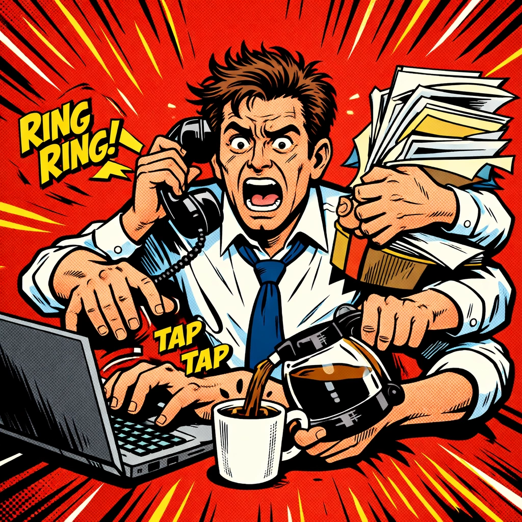 Frustrated worker overwhelmed by repetitive manual tasks needing business automation tools.