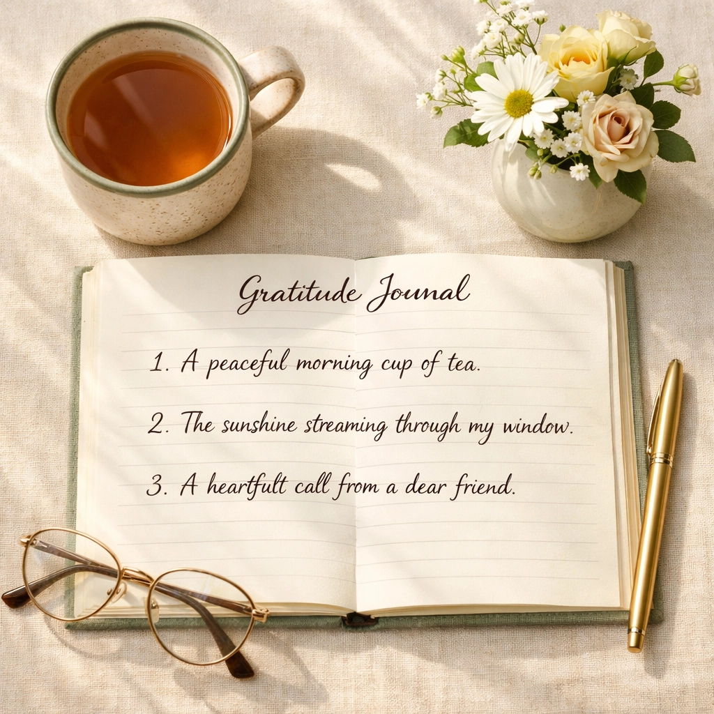 Gratitude journal with morning tea and flowers for daily thankfulness practice