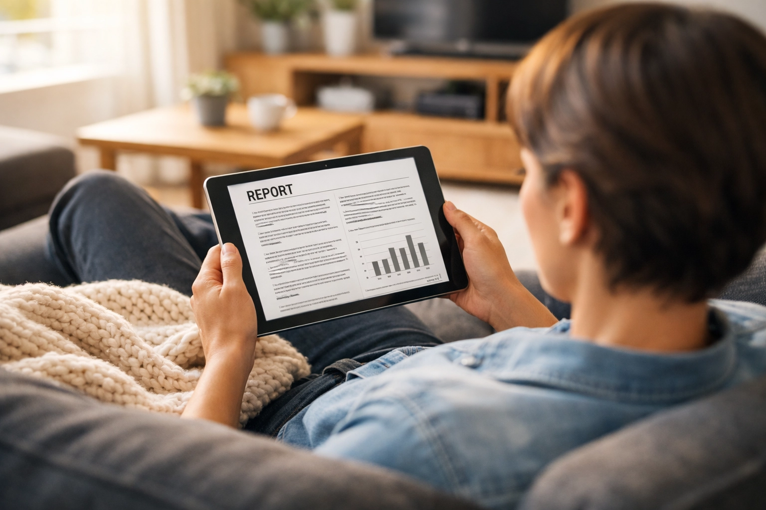 A person reviewing a short term loan agreement on a tablet while relaxing in a modern living room.