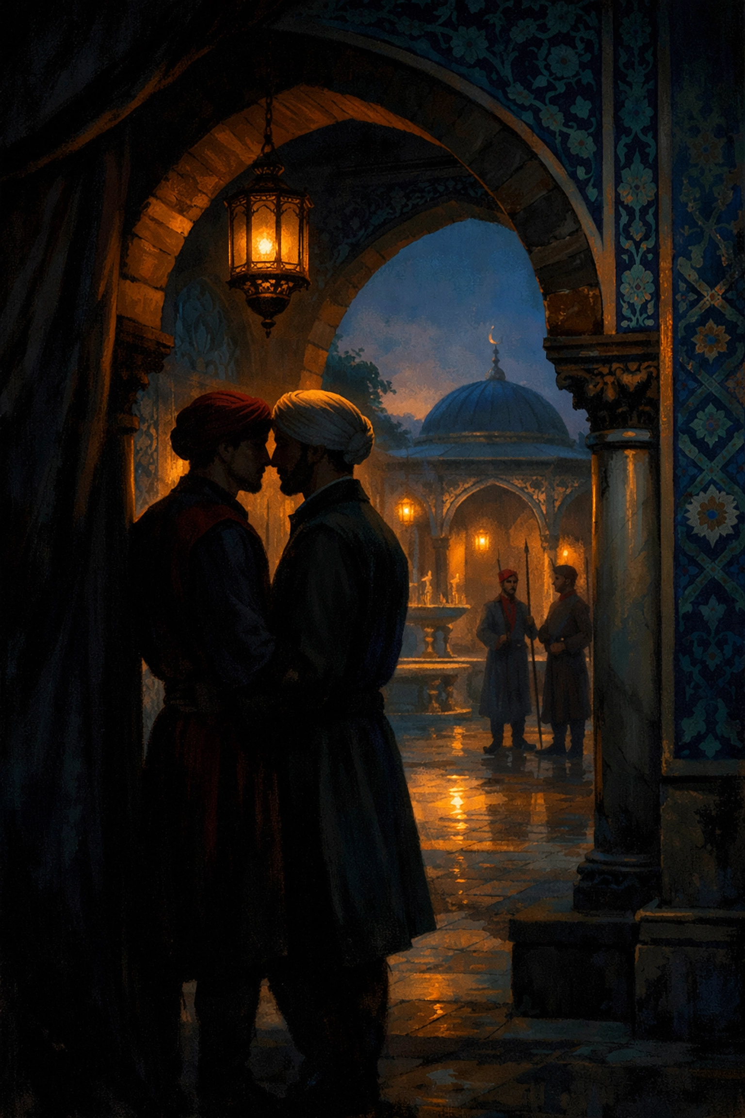 Forbidden gay romance between two men in shadowed Ottoman palace courtyard at dusk