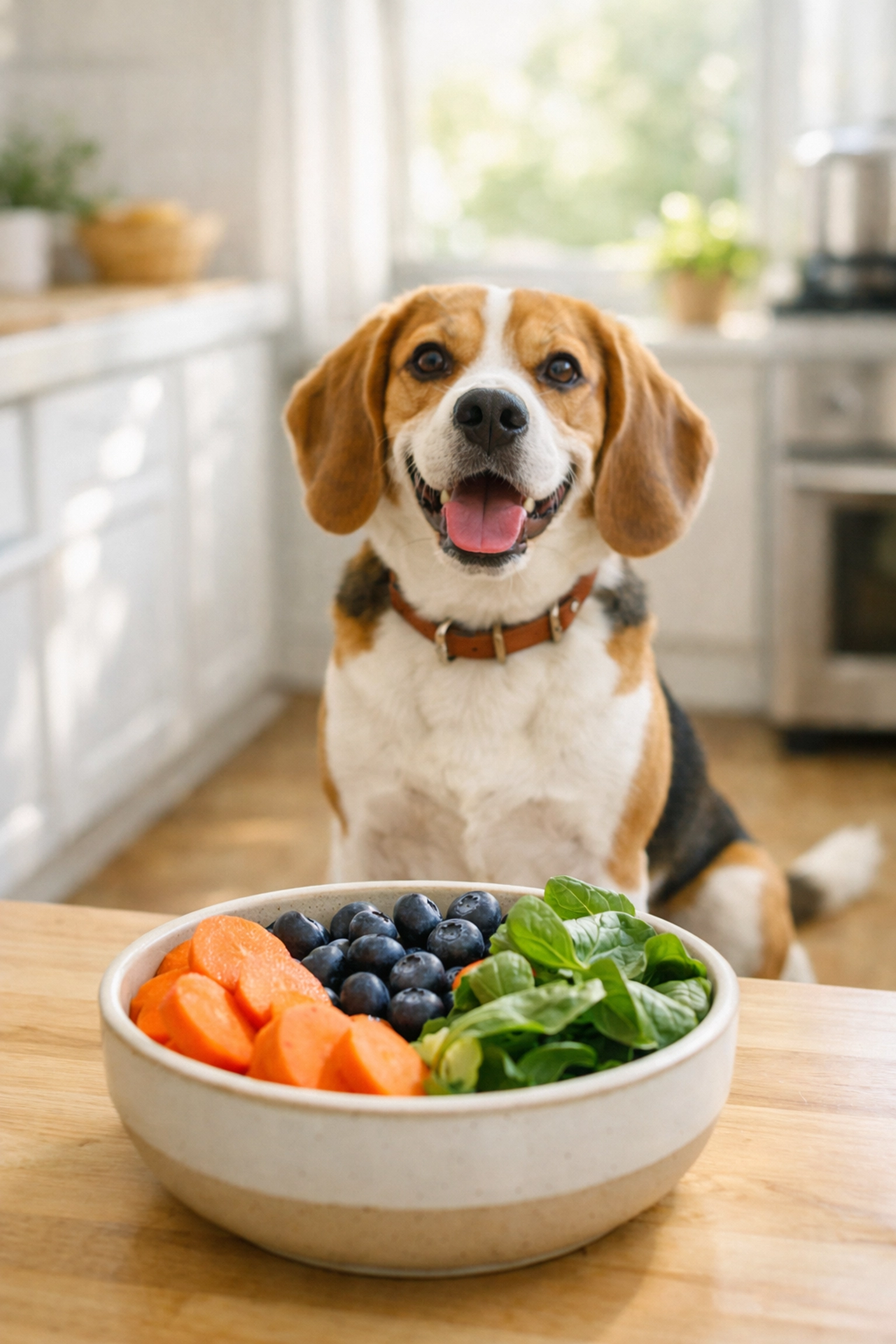 A Beagle sitting by a bowl of fresh, functional nutrition superfoods for dogs with cancer.