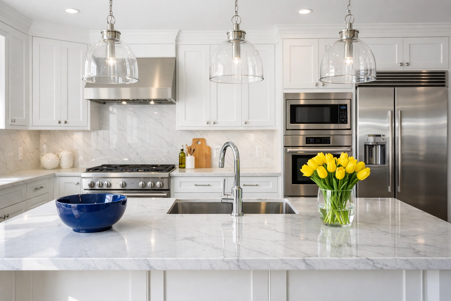 A sun-drenched, high-end kitchen with spotless white cabinets and marble counters from deep cleaning Marlborough.