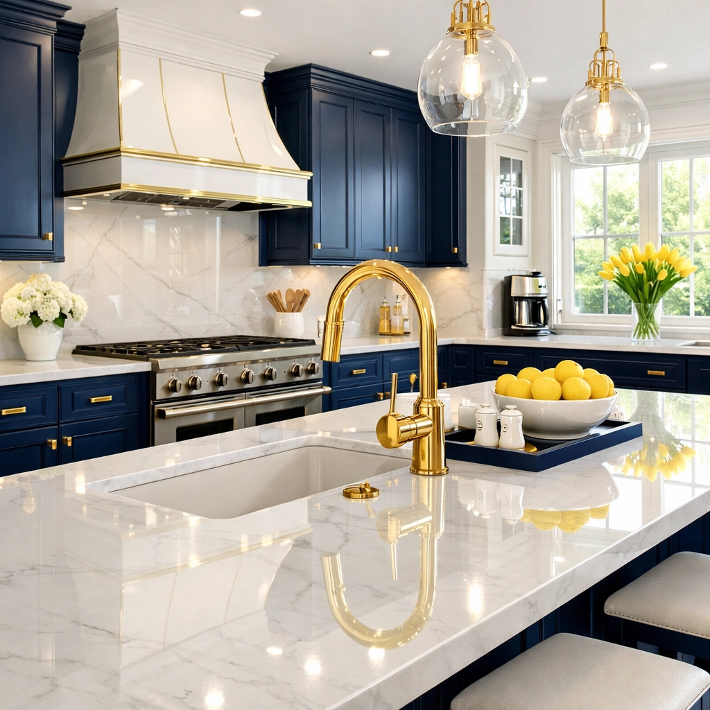 Spotless modern kitchen in Lancaster MA showing professional house cleaning results on marble counters.