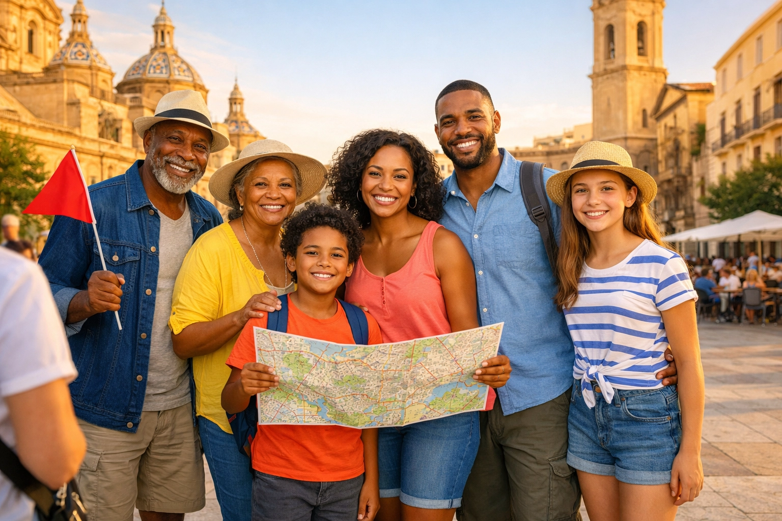 Multigenerational family enjoying guided group tour together in European city plaza