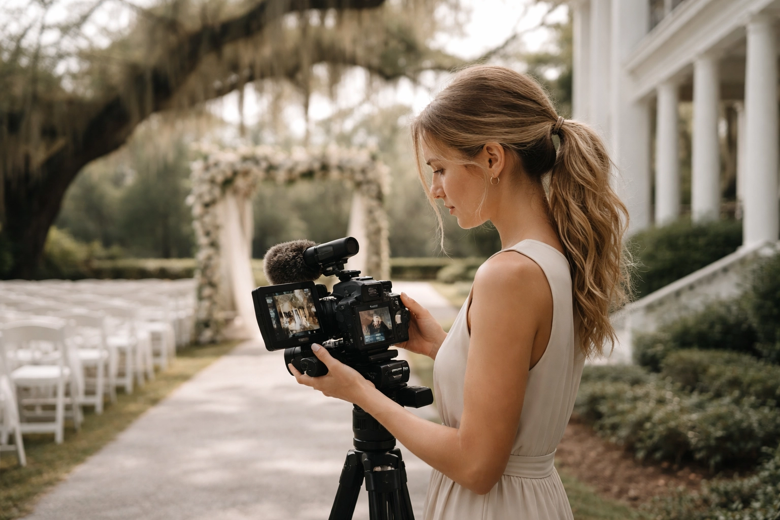 Female wedding videographer reviewing footage at a Louisiana plantation wedding venue, showcasing professional gear.