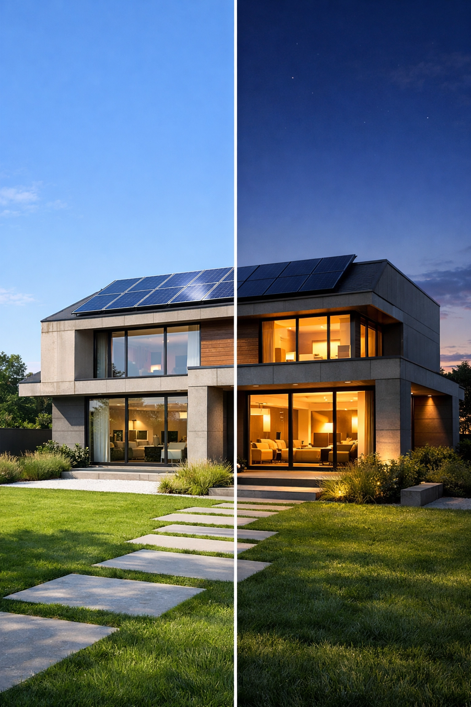 Modern home using solar panels during the day and stored battery energy to power electricity at night.