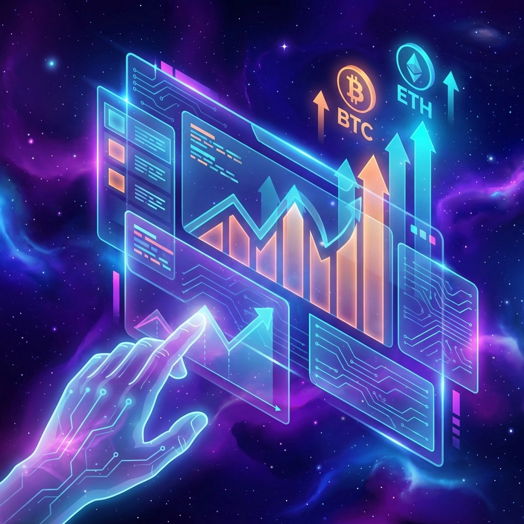 A futuristic trading dashboard with Bitcoin and Ethereum rising, symbolizing strategic crypto integration in modern investment portfolios.