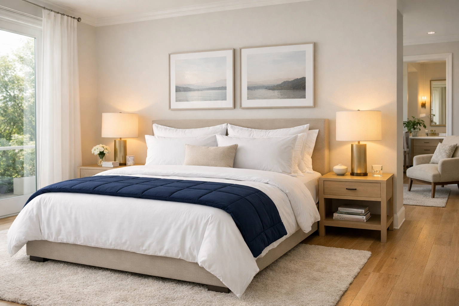 Tidy and serene master bedroom sanctuary featuring professional results from weekly house cleaning in Westborough.