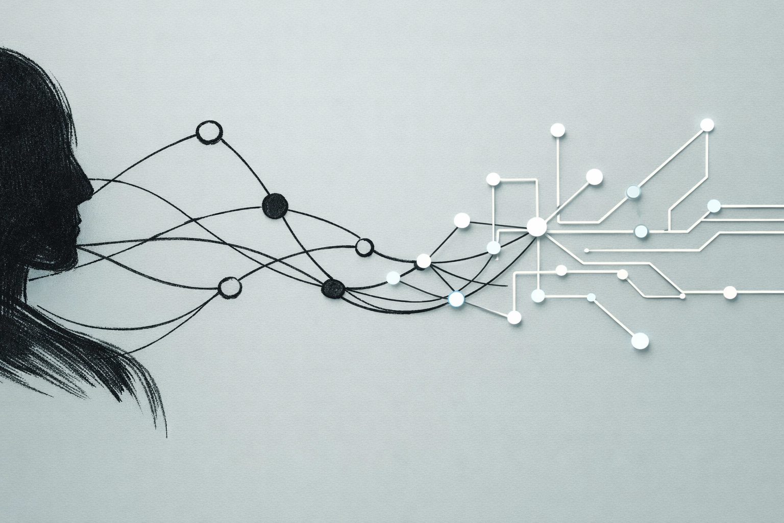 Abstract network blending organic human elements with geometric AI nodes, representing hybrid delegation without robot imagery