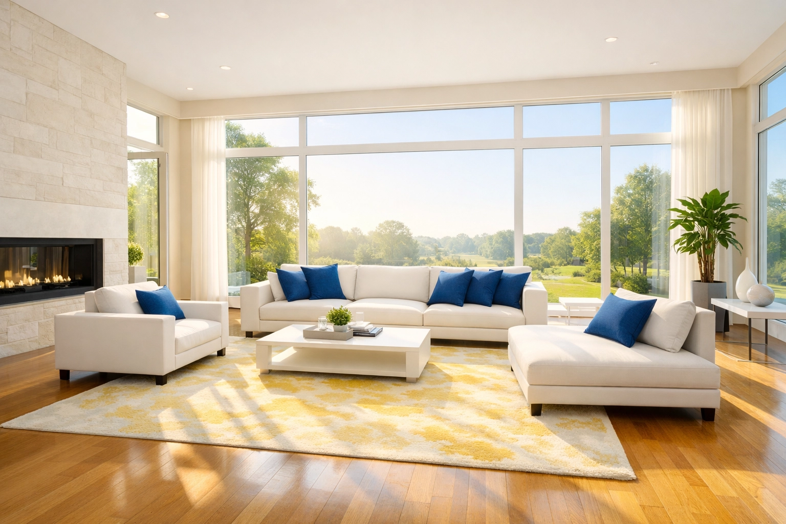 Sun-drenched Lincoln living room with spotless floors after a health-focused deep cleaning service.