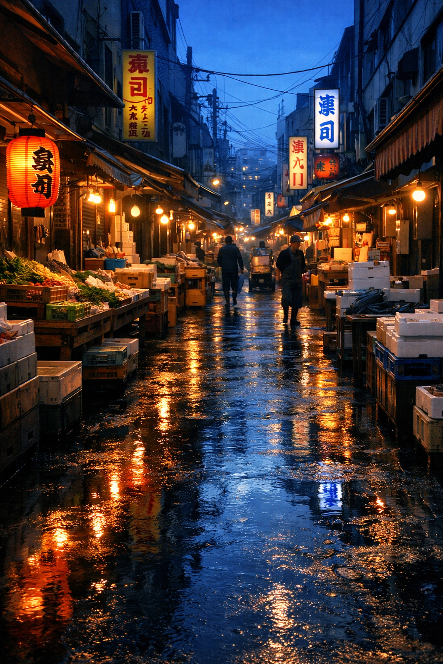 Atmospheric narrow alleyway at Tsukiji Outer Market, one of Tokyo's best photography locations.