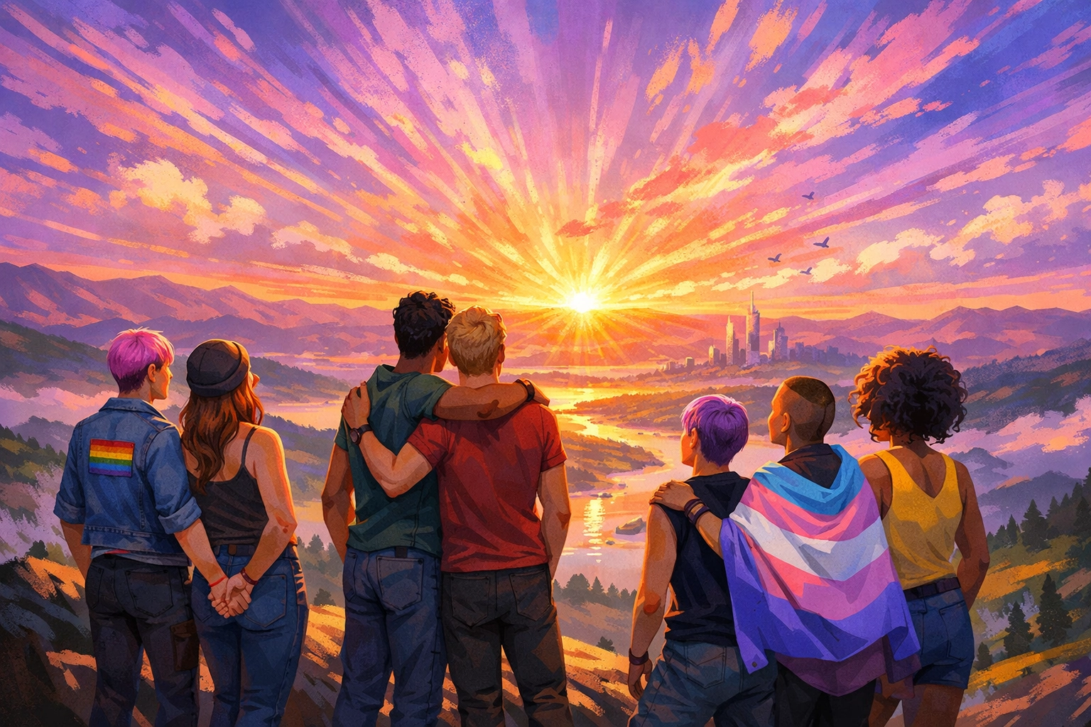 Diverse LGBTQ+ friends watching a sunrise, representing community resilience and hope for a bright queer future.