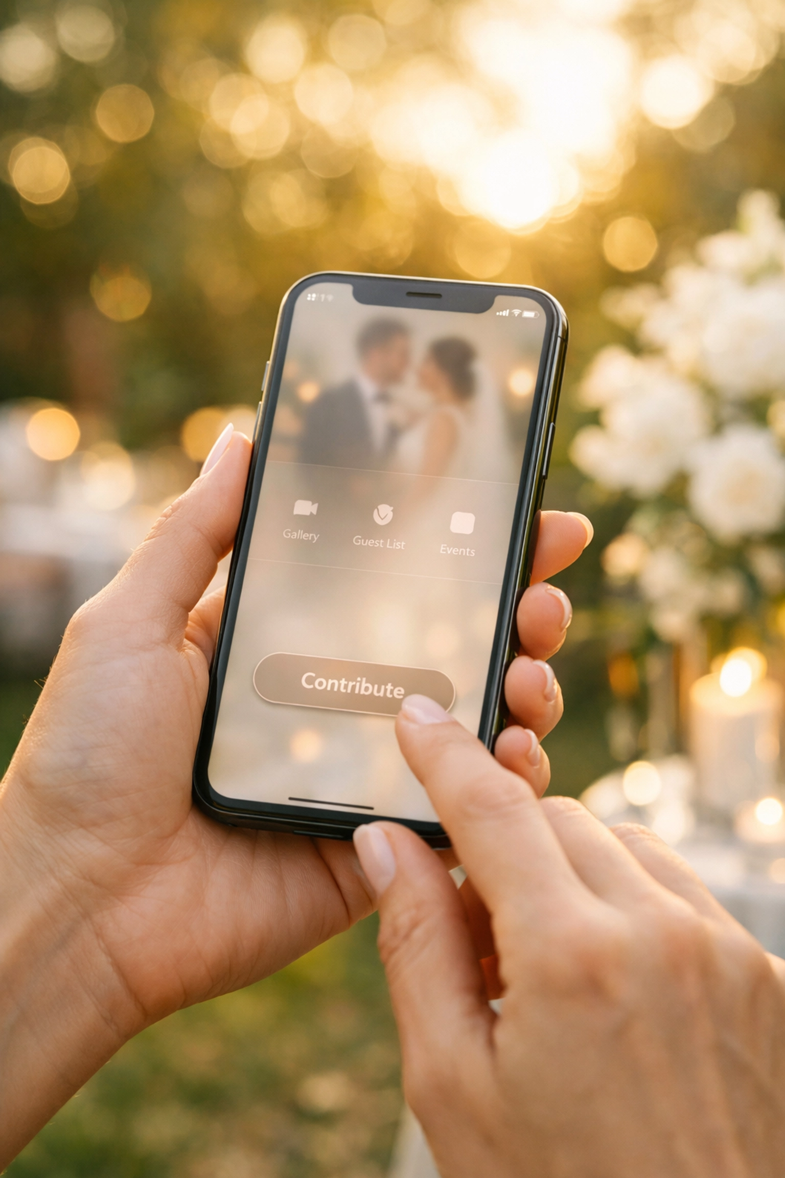 Guest using a smartphone to RSVP and contribute to a wedding fund via a digital link.