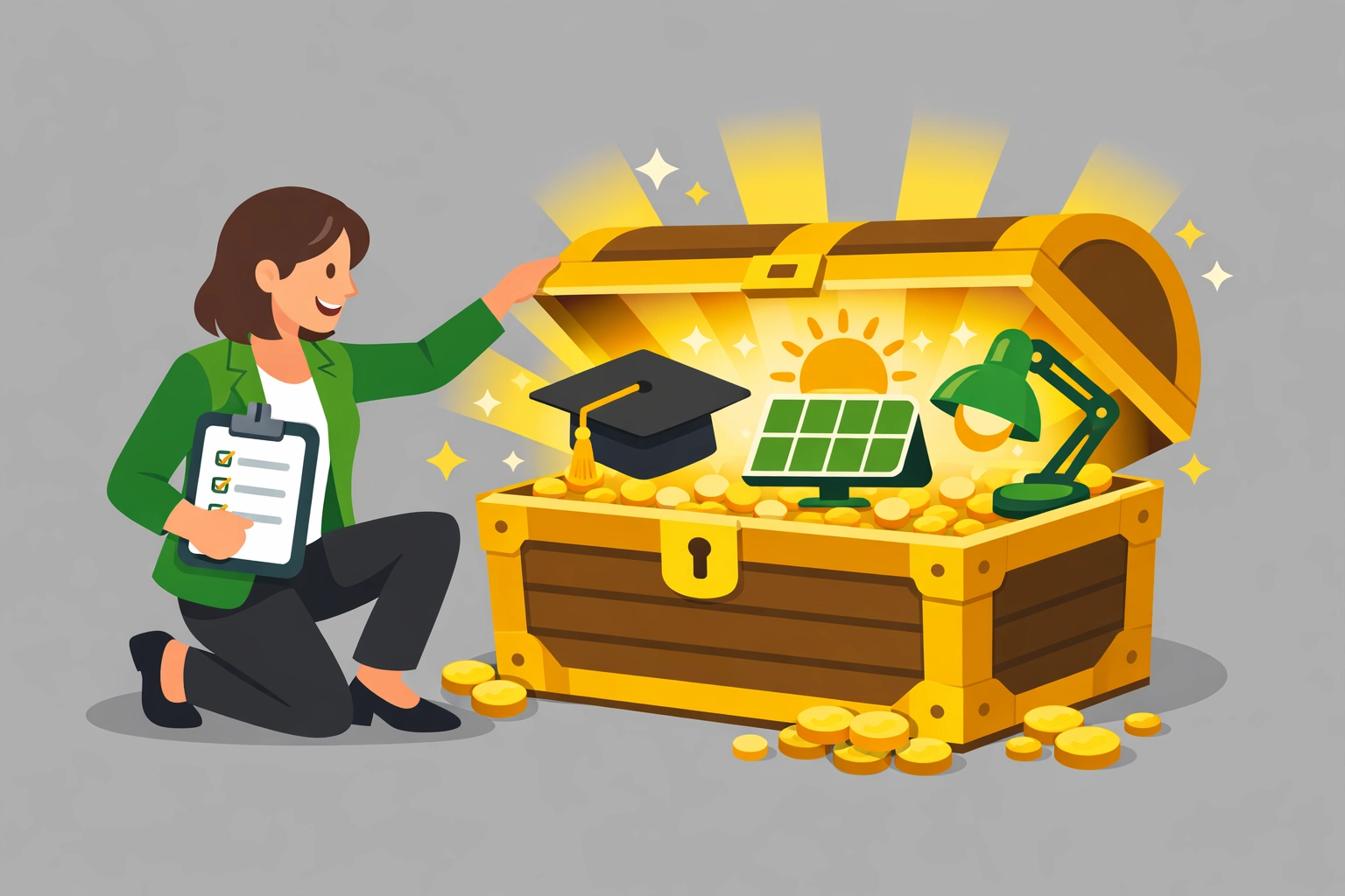Treasure chest revealing icons for education and green energy tax credits and business deductions.
