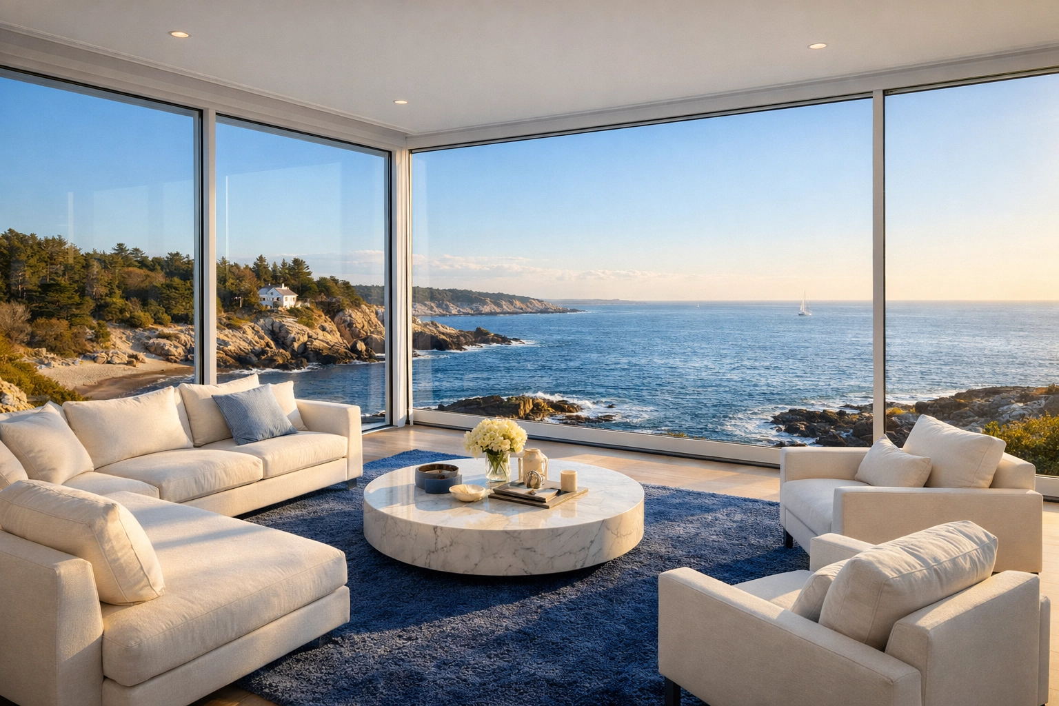 A serene coastal living room with crystal-clear windows cleaned via luxury house cleaning in Manchester-by-the-Sea.
