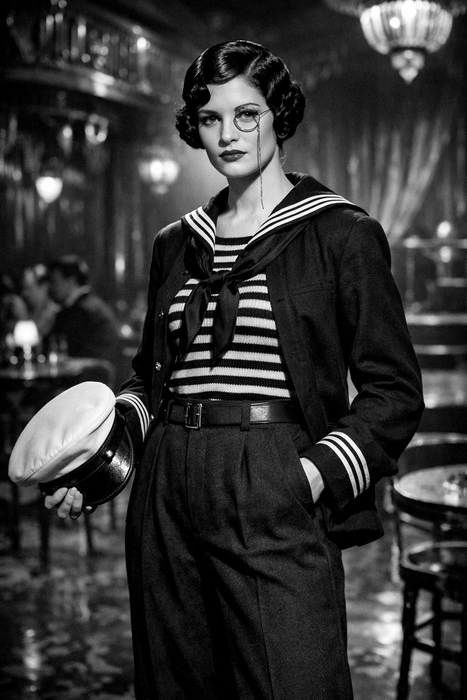 A 1920s lesbian in a masculine sailor uniform and monocle posing in a Parisian cabaret.