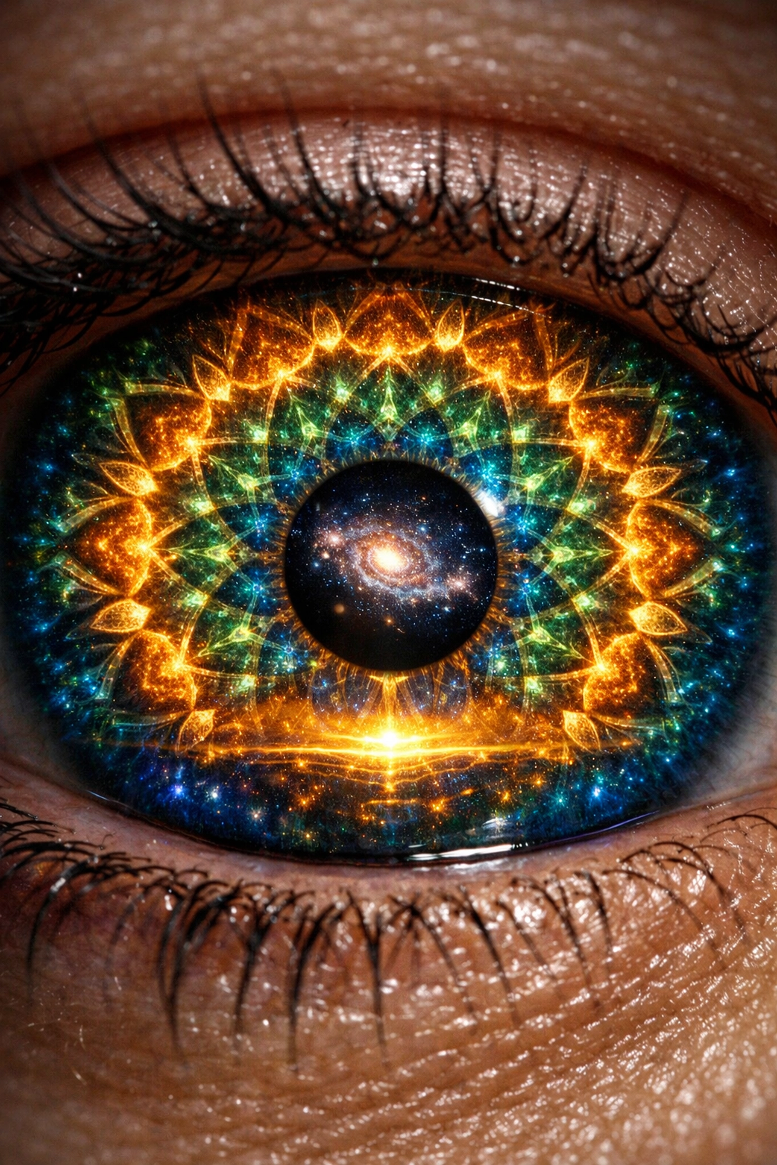 Intricate mandala eye iris reflecting a galaxy to represent singular focus and a powerful money mindset.