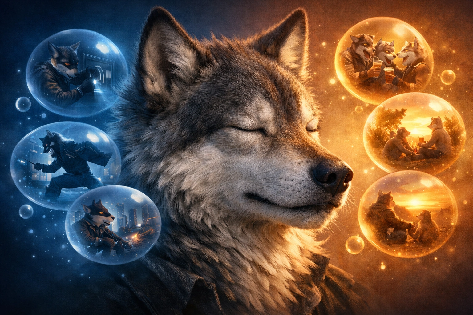 Wolf character contemplating memories showing the ongoing struggle of spiritual transformation